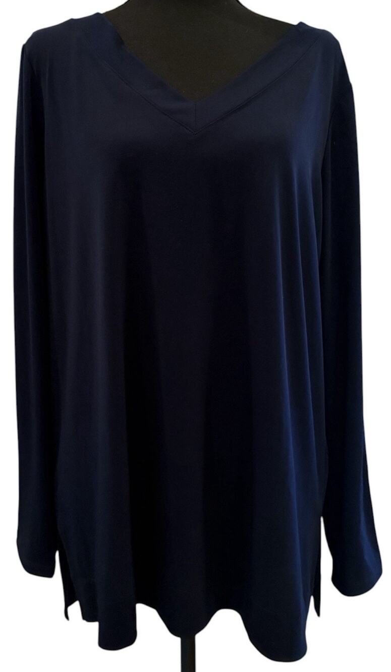 Susan Graver Modern Essentials Navy Front and Back V-Neck Knit Top Size Large